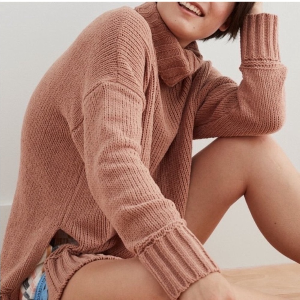 Aerie Sunset Chenille Knit Oversized Slouchy Turtleneck Sweater Boho Tan Small